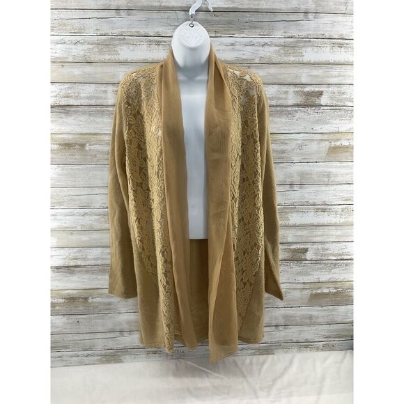 Chico's Knit Sweater Open Front Lace Shimmer Tan Gold Mohair‎ Wool Size 2 Large - Picture 1 of 13